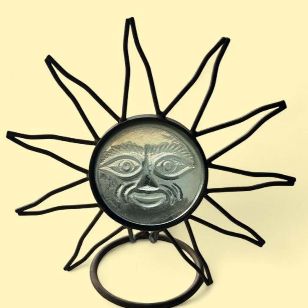 Vintage Celestial Sun Metal Tea Light Candle Holder with Glass Face